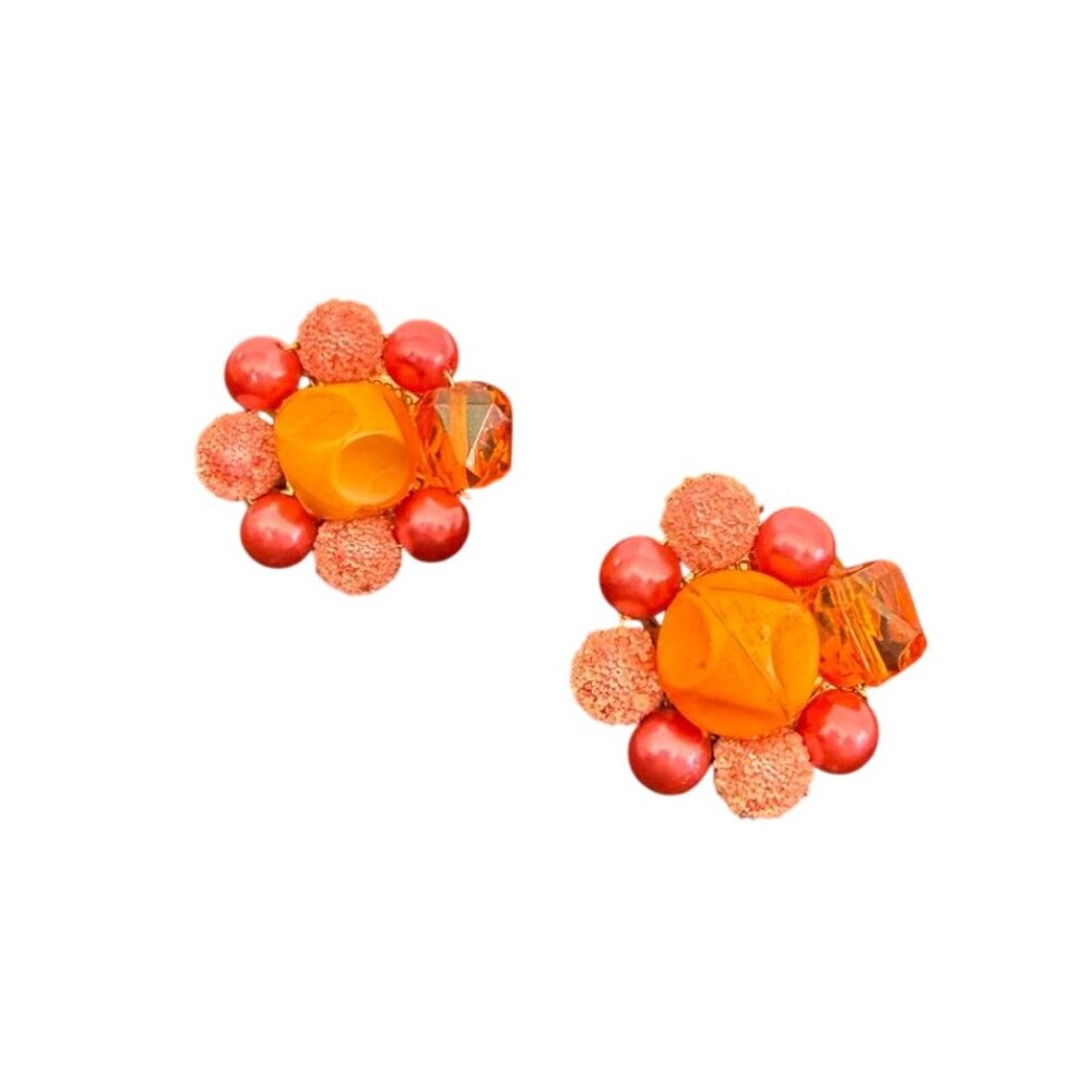 VTG JAPAN Necklace Earrings Set 4-Strand Pink Orange Sugar Bead Clip-On - Picture 6 of 10